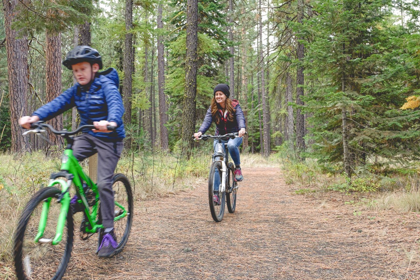 Mom and son hit the best mountain biking trails just outside of Cold Springs Resort in Camp Sherman Oregon