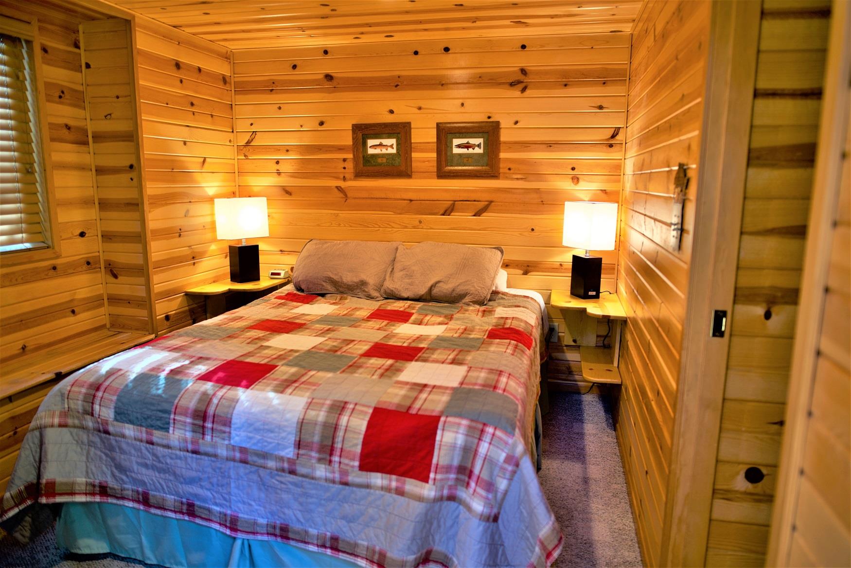 Get your best night sleep in the comfy queen bed in Larch Cabin, at Cold Springs Resort & RV Park in Camp Sherman, Oregon
