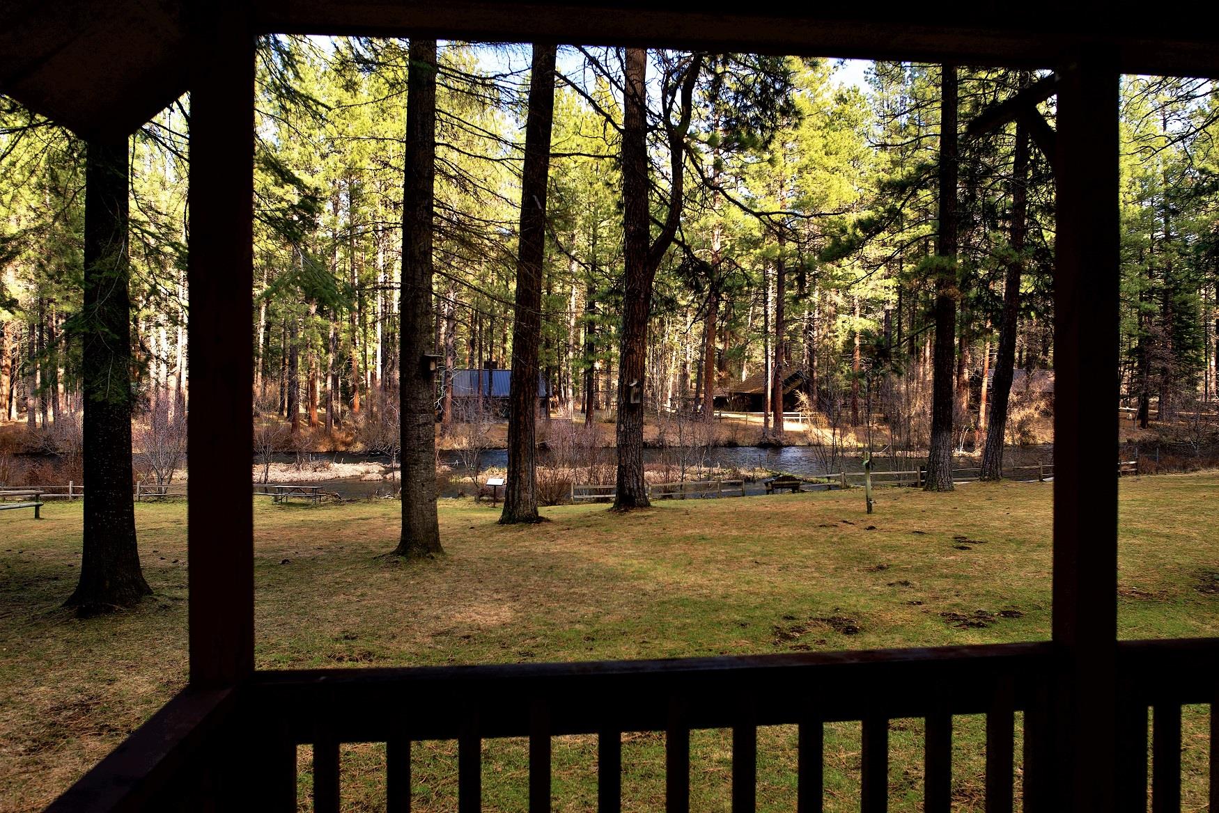 A perfect view of the Metolius River, off the deck of Spruce Cabin, at Cold Springs Resort in Camp Sherman, Oregon