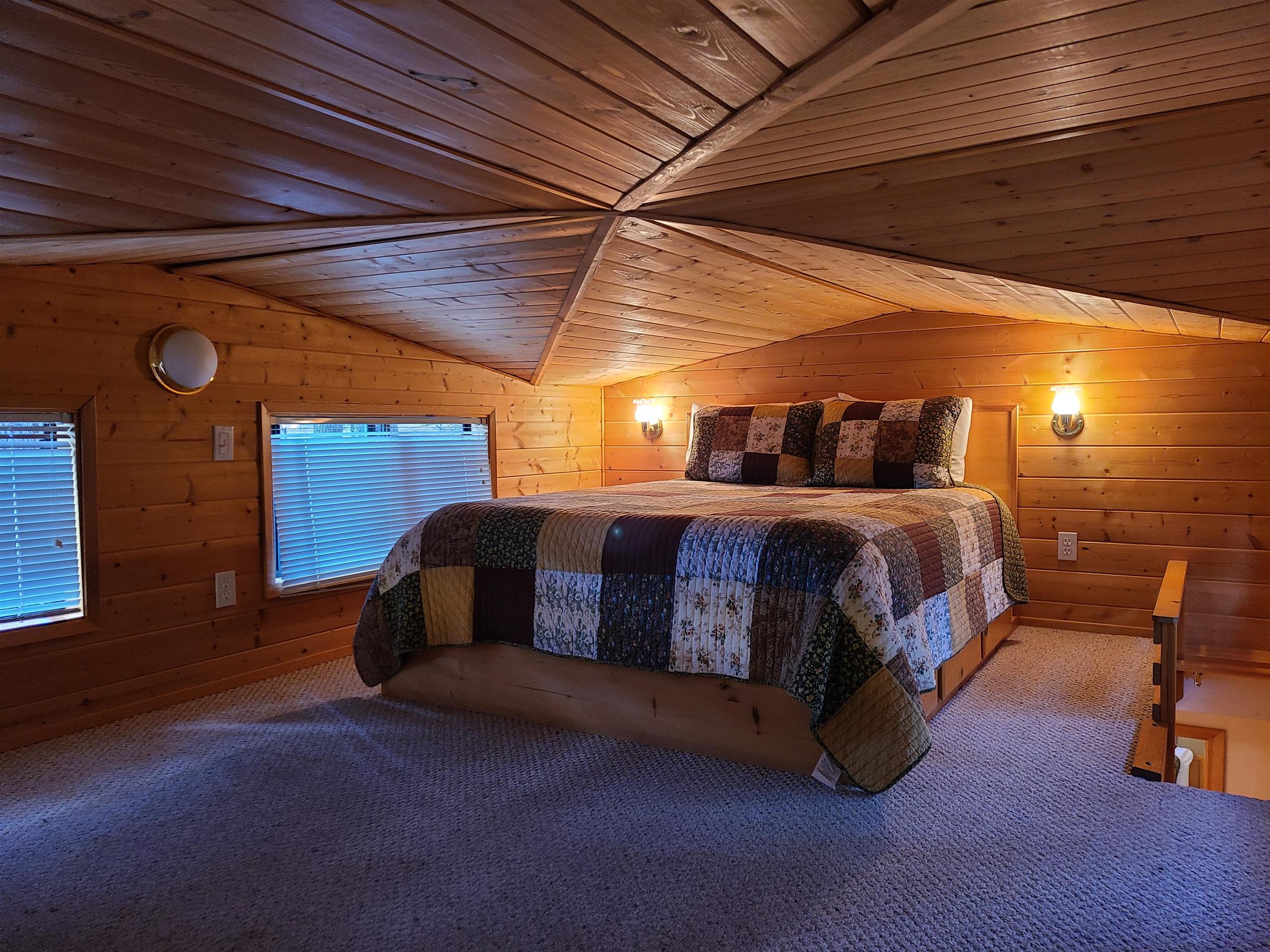 The cozy loft of Cottonwood Cabin at Cold Springs Resort & RV Park in Camp Sherman, Oregon