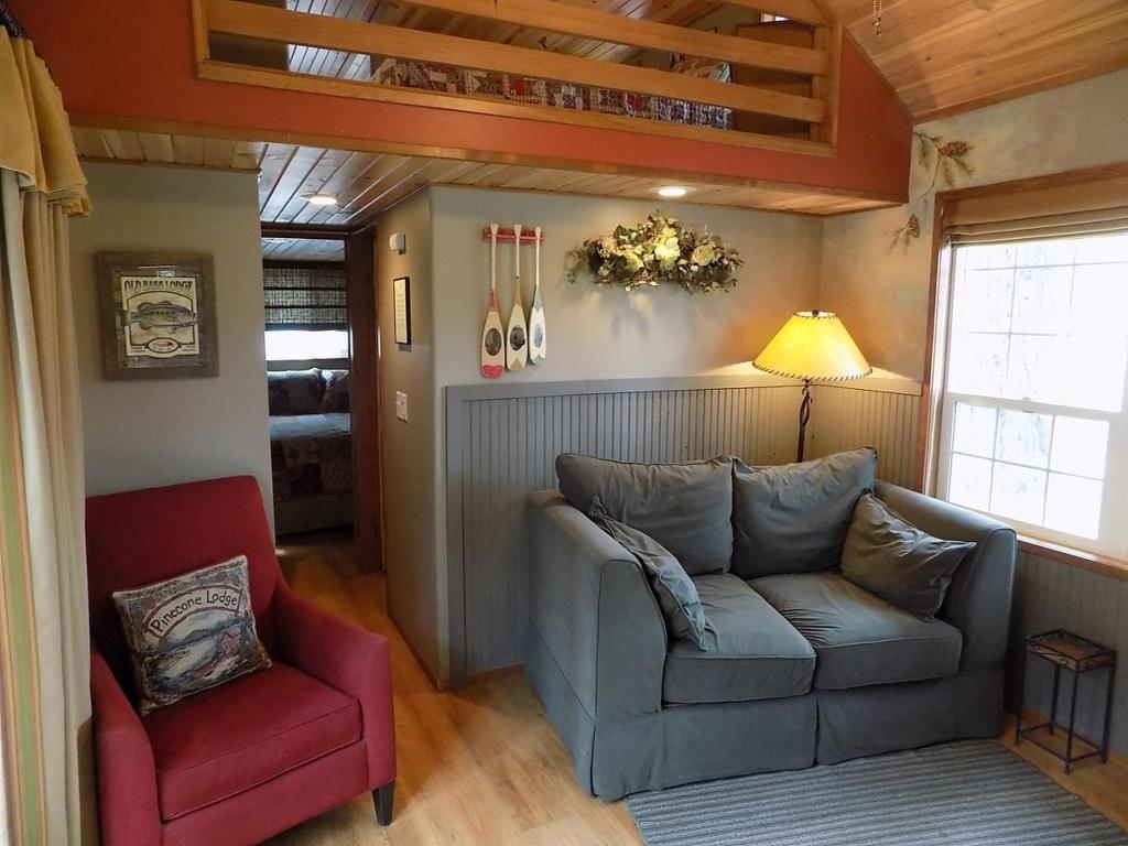 The living room of Pinecone Cabin at Cold Springs Resort & RV Park in Camp Sherman, Oregon