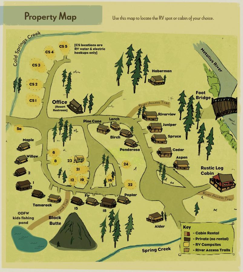 Property Map of Cold Springs Resort & RV Park, Camp Sherman, OR